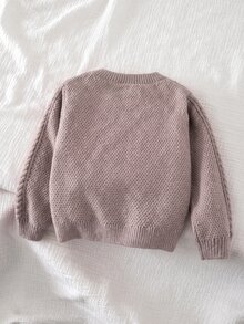 SHEIN 女童純色針織圓領花瓣袖休閒開襟外套 秋冬毛衣 - 卡其色 - 查看 4