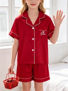 Girls Pink Checkered Knit Short Sleeve Cardigan And Shorts 2 Pieces Pajama Set Girly Pj Set Girls Night Summer Cute - Red - View 5