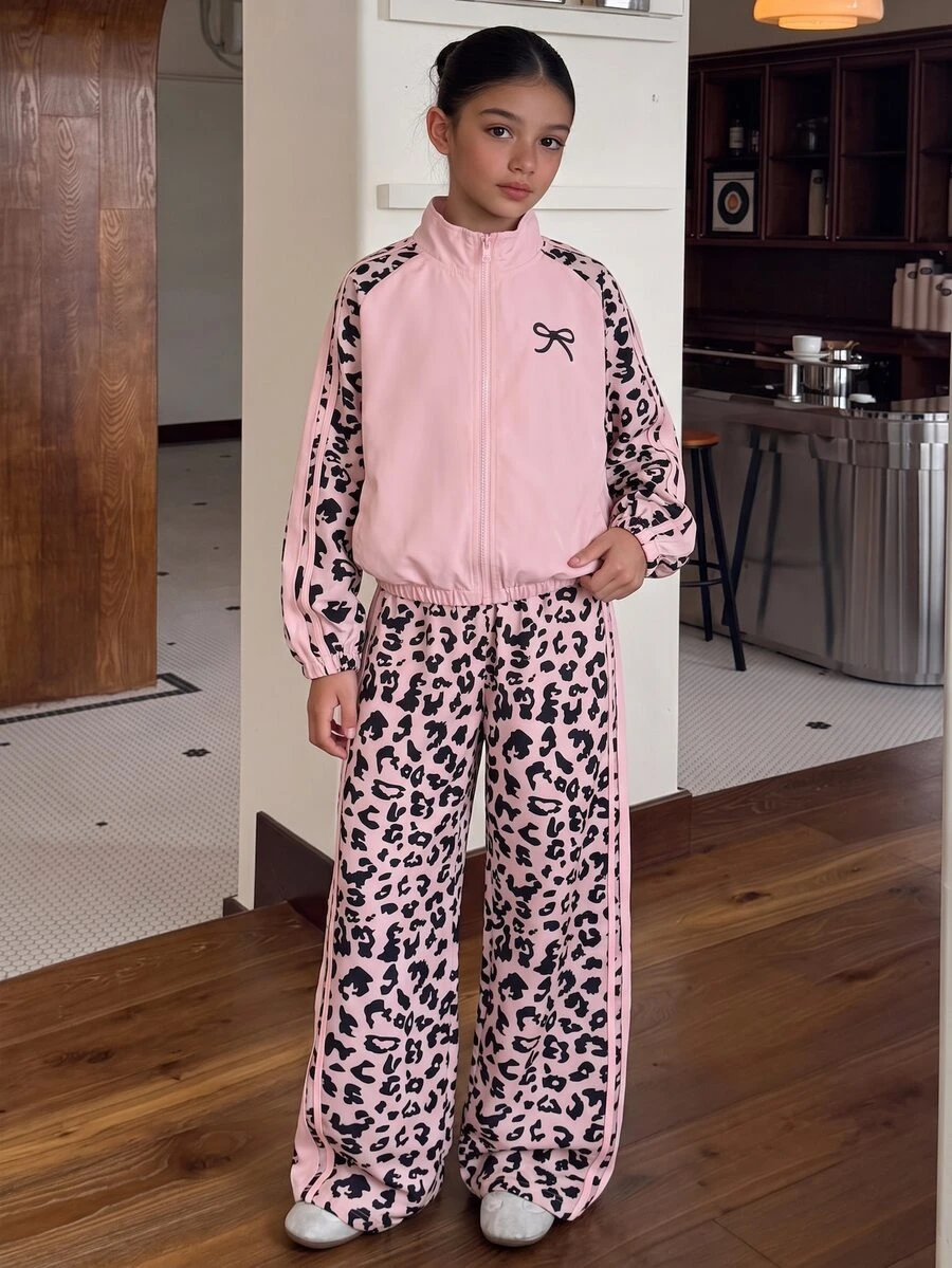 SHEIN Tween Girls Leopard Print 2 Pieces Outfit, Fall Style Pink Colorblock Zip Jacket & Wide Leg Sweatpants Set, Casual Tracksuit - Pink - View 1