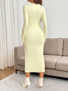 SHEIN Đầm bầu ôm dáng thanh lịch màu trơn, cổ tròn, tay dài, vạt trước cài nút nửa ngực, mùa thu - Màu vàng - Xem 2