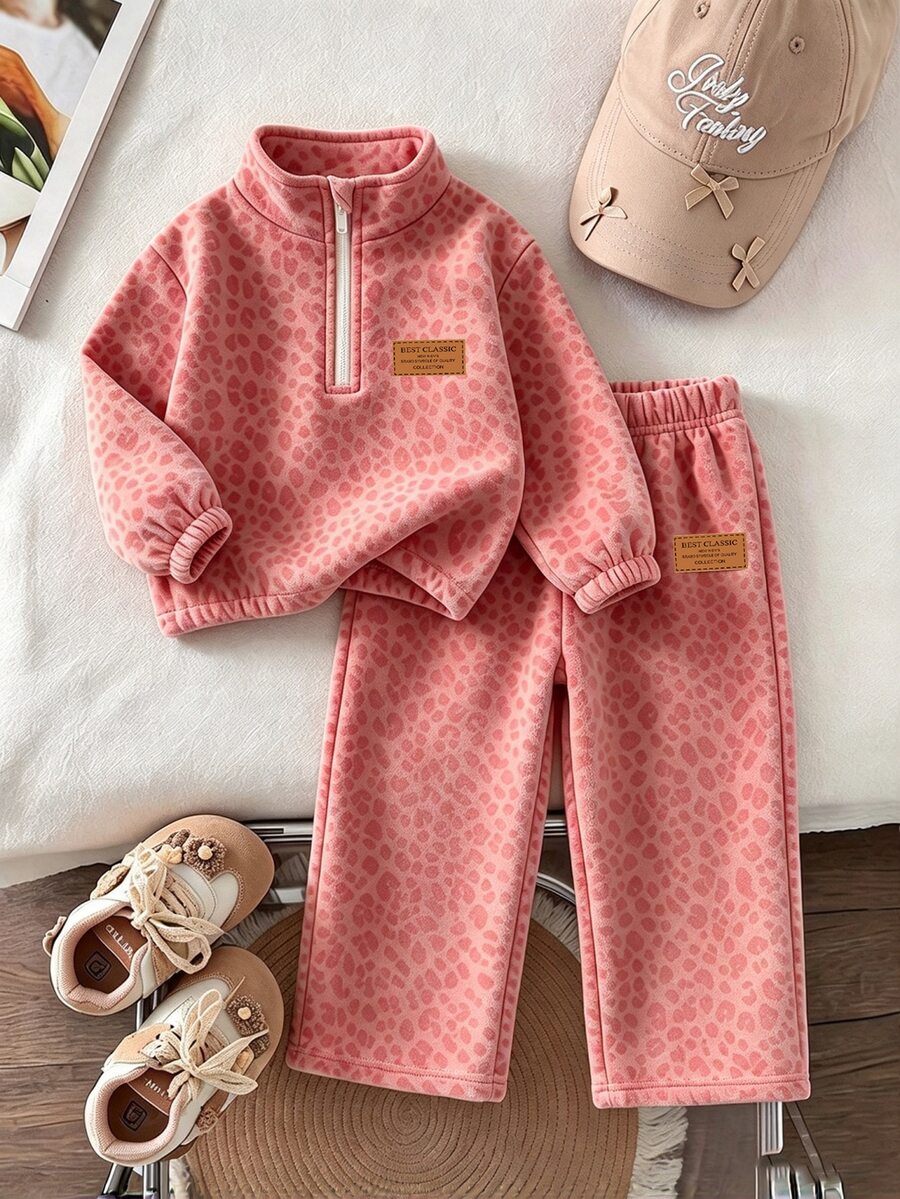 SHEIN 女童卡其棕豹紋保暖內裡兩件套,半拉鍊立領上衣 + 寬腿褲 - 彩色 - 查看 1