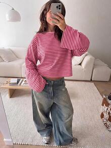 SHEIN EZwear 海外長袖粉紅與紅色拼接條紋上衣，秋季上衣，適合日常通勤、派對、秋冬春夏、聖誕節、新年、感恩節、派對、婚禮、海灘、畢業典禮、優雅、外出、約會、通勤、情人節、優雅、度假、Y2K、畢業典禮及其他場合 - 彩色 - 查看 6