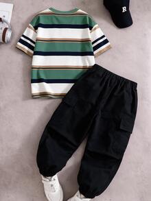 Tween Boy Striped Color Block Pony Graphic Digital Print T-Shirt And Cargo Pants Set, Casual Sports Style - White - View 2