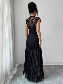 SHEIN PETITE Women's Contrast Lace Cap Sleeve Fitted Elegant Dress - Black - View 2