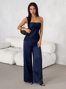 SHEIN PETITE Women's Satin & Lace Patchwork Bandeau Top And Long Pants 2 Pieces Set - Navy Blue - View 4