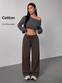 SHEIN PETITE Women's Casual Streetwear Athleisure Low-Waist Straight Sweatpants Suitable For Summer Washed Wide Leg Comfy Oversized Lounge Work Petite Dark Grey - Coffee Brown - View 5
