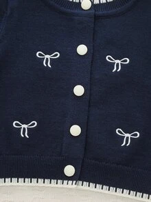 Souflis 女嬰海軍藍圓領全刺繡小蝴蝶結針織開襟衫 單排扣長袖毛衣外套 嬰兒幼兒日常外出 春秋冬三季百搭外套上衣 - 藏蓝色 - 查看 5