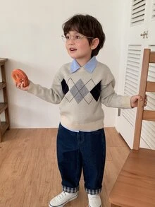 DAZY Infant/Toddler (Boys) Round Neck Diamond Grid Korean Style Long Sleeve Sweater - Grey - View 4