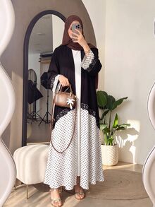 Al Najma Polka Dot Contrast Color Lace Embellished Elegant Arabic Abaya Winter Going Out - Multicolor - View 6