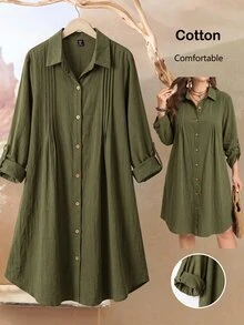 Rusticease Plus Size Women Solid Color Rolled Sleeve Single-Breasted Casual Shirt Dress Fall - Multicolor - View 1
