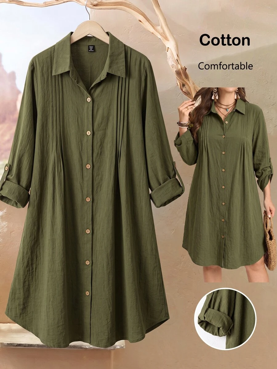 Rusticease Plus Size Women Solid Color Rolled Sleeve Single-Breasted Casual Shirt Dress Fall - Multicolor - View 1