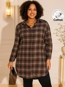 BrightlyHer Plus Size Casual Plaid Single-Breasted Long Sleeve Shirt For Daily Wear - Brown - View 3