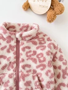 SHEIN 2件裝女嬰休閒毛茸茸豹紋立領夾克，秋冬季 - 彩色 - 查看 5