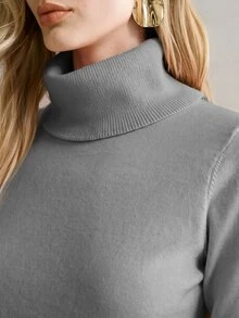 MOTF PREMIUM WOMEN'S SOLID COLOR LONG SLEEVE CASUAL VERSATILE TURTLENECK SWEATER - Light Grey - View 2