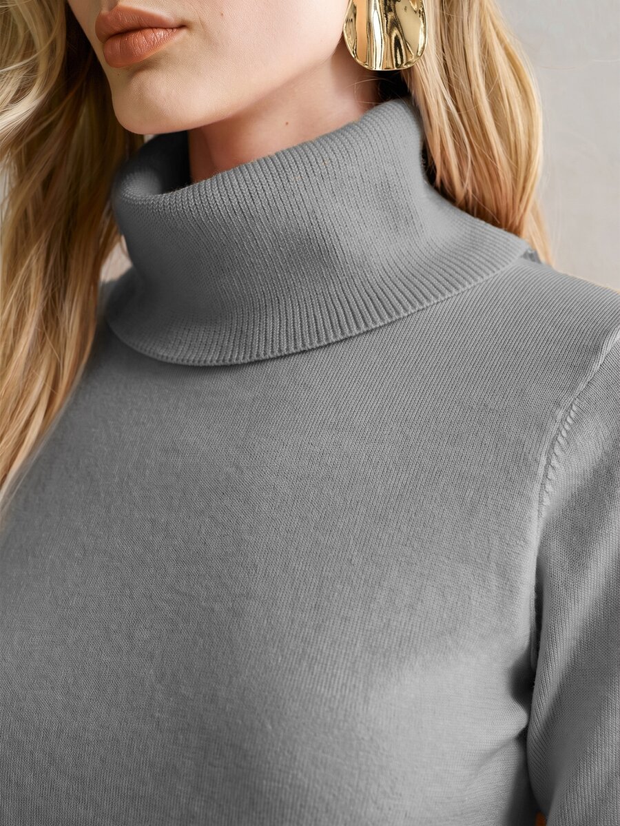 MOTF PREMIUM WOMEN'S SOLID COLOR LONG SLEEVE CASUAL VERSATILE TURTLENECK SWEATER - Light Grey - View 2