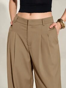 SHEIN Tall 女款 Old Money 風格高腰百褶寬腿褲，黑色冬季端莊商務休閒辦公穿搭，優雅純色寬鬆修身西裝長褲 - 卡其色 - 查看 7
