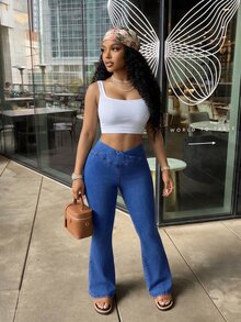 Slaydiva Celana Jeans Flare Kasual Pinggang Asimetris untuk Wanita Ukuran Plus - Dark Wash - View 5