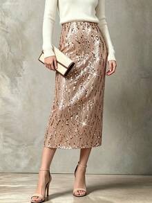 Balvessa Women's Solid Color Elegant Party Occasion Sequin Skirt - Gold - View 1