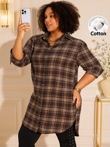 BrightlyHer Plus Size Casual Plaid Single-Breasted Long Sleeve Shirt For Daily Wear - Brown - View 4