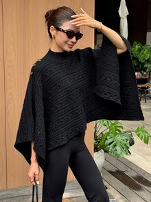 DAZY Women's Cable Knit High Neck Button Knit Top Streetwear - Black - View 5
