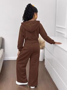SHEIN 女童時尚簡約純色連帽拉鍊印字字母高腰秋冬連身褲 - 棕色 - 查看 2