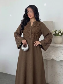 Al Najma Spring/Summer Fashion V-Neck Flared Sleeve Patchwork 3D Embroidered Lace Trim Full Skirt Dress - Brown - View 6