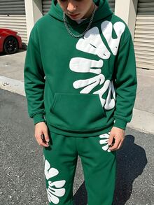 2件組兒童青少年男孩休閒寬鬆字母圖案連帽衛衣與運動長褲套裝，聖誕綠，適合秋冬、家庭聚會、返校、運動、玩耍、生日派對、拍照、假期 - 墨綠色 - 查看 2