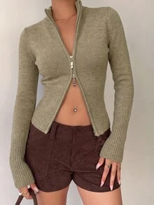 Aloruh Women's Casual Ribbed High Neck Zip-Up Long Sleeve Sweater Cardigan, Yellow, Suitable For Everyday Wear And Sports, Autumn/Winter - Khaki - View 6