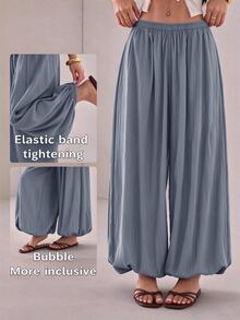 SHEIN PETITE 2026 女款春夏度假系列：優雅橄欖綠寬鬆喇叭褲，適合嬌小女性 - 藍色 - 查看 3