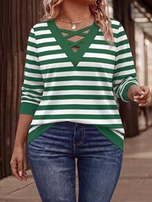Plus Size Korean Style Striped Colorblock Print Fashion Sweatshirt - Multicolor - View 4