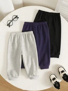SHEIN 3件組男嬰秋冬休閒卡其色黑色灰色慢跑運動長褲 基本長褲 多件裝 嬰兒幼兒長褲 - 彩色 - 查看 2