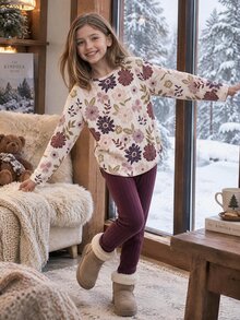 SHEIN Vintaside Kids 青少年女孩秋季套裝 3件/組 溫柔復古風，花卉長袖上衣、修身長褲，秋季返校穿搭 - 紫色 - 查看 1