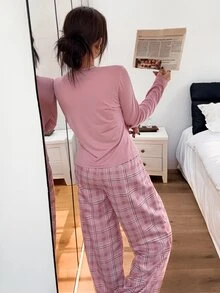 Napfluff Soft Pink Round Neck Top With Bear Print Long Sleeve + Loose Plaid Wide Leg Pants Casual Pajama Set, Can Be Worn Outdoors - Dusty Pink - View 2
