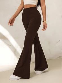 SHEIN PETITE 女款純色高腰休閒百搭日常喇叭褲 - 咖啡棕 - 查看 7