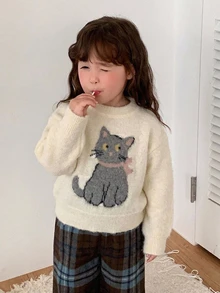 DAZY 嬰兒女童圓領卡通長袖秋冬毛衣 幼兒 - 白色 - 查看 7