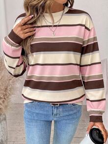 SHEIN LUNE 大尺碼女款條紋休閒日常長袖運動衫 - 彩色 - 查看 3