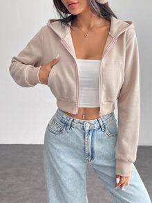 SHEIN PETITE 女款純色前拉鍊長袖口袋極簡連帽外套，休閒日常穿著，畢業季長袖上衣，秋冬返校穿搭，畢業季女裝，教師專業服飾，秋冬返校服飾 - 卡其色 - 查看 4