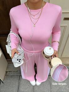 Muchica Plus-Size 2 Pieces Casual Sportswear Set: Pink Long-Sleeve Crew-Neck Top And Loose Pants With Side Stripes (Autumn Style) - Pink - View 8