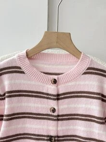 SHEIN 青少年女孩/小女孩秋冬休閒時尚復古學院風粉色與棕色條紋前開扣針織開襟外套，適合返校與日常穿著 - 粉色 - 查看 5