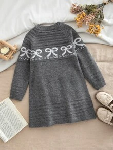 Young Girl Bow Pattern Raglan Long Sleeve Casual Knit Dress - Grey - View 2