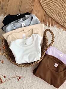 SHEIN 女童 6件組 素色圓領休閒針織T恤，磨毛厚實面料，適合秋冬穿著 - 彩色 - 查看 6