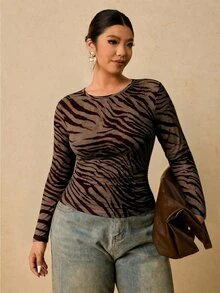 Travachic Plus Size Korean Style Zebra Print Long Sleeve T-Shirt - Multicolor - View 5