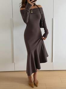 Livesso Women's Solid Color One-Shoulder Long Sleeve Fashion Mermaid Hem Elegant Knit Dress - Coffee Brown - View 5