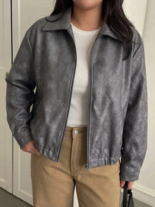 Livesso Plus Size Women's Autumn/Winter New Loose Casual Leather Jacket Regular Coat - Grey - View 7
