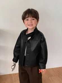 DAZY Infant (Boy) Solid Color Long Sleeve PU Korean Style Jacket - Black - View 3