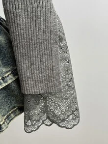 Elamini Women's Grey Casual Versatile Contrast Lace Sweet Daily Commute Autumn/Winter Fitted Pullover Sweater - Grey - View 6