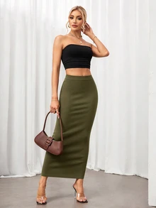 SHEIN Tall 純色鉛筆裙黑色緊身裙，適合高個女性 - 軍綠色 - 查看 7