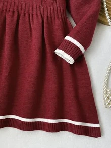 SHEIN 女童休閒簡約舒適彼得潘領撞色拼接針織洋裝，適合秋冬、校園及其他場合，學院風，度假風 - 酒紅色 - 查看 4