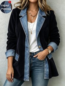 Linhara CURVE Spring/Autumn Corduroy Patchwork Denim Contrast Color Personalized Commuter Casual Elegant Plus Size Blazer - Black - View 5