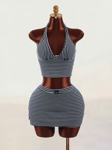 Mistrie Women's Striped Zipper Front Cropped Hoodie, Cropped Halter Top And Skirt Set - Multicolor - View 3